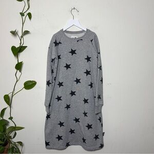 Nununu Girls French Terry Long Sleeve Midi Dress Gray with Black Star Print - 10